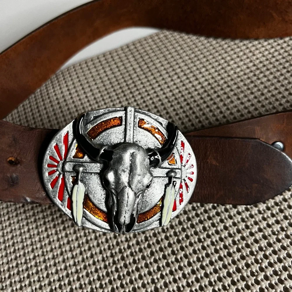 Justin Mens Brown Leather Western Belt Steer Skull Trophy Buckle USA Made 36